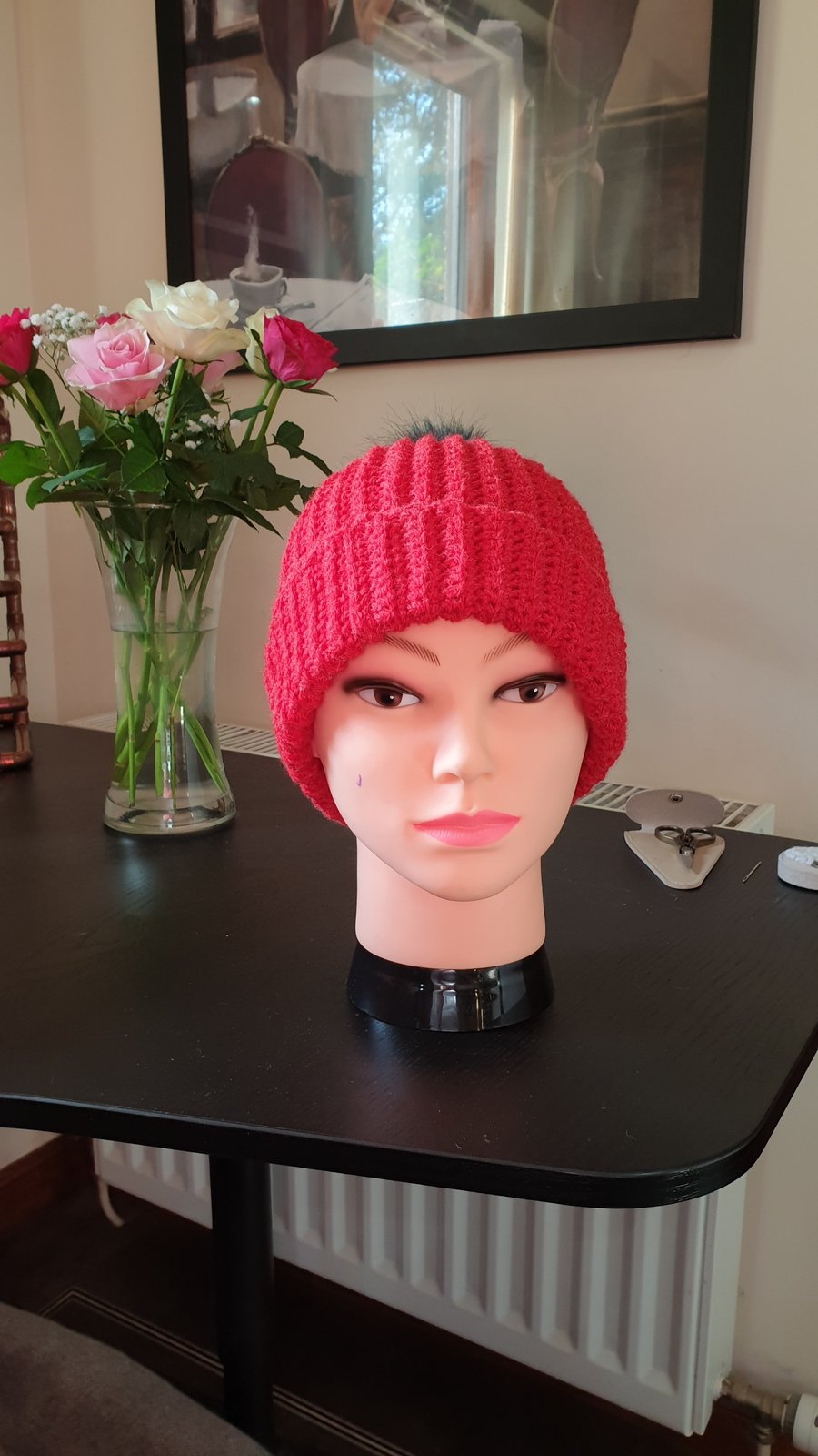 Ribbed Beanie with Pompom and Brim