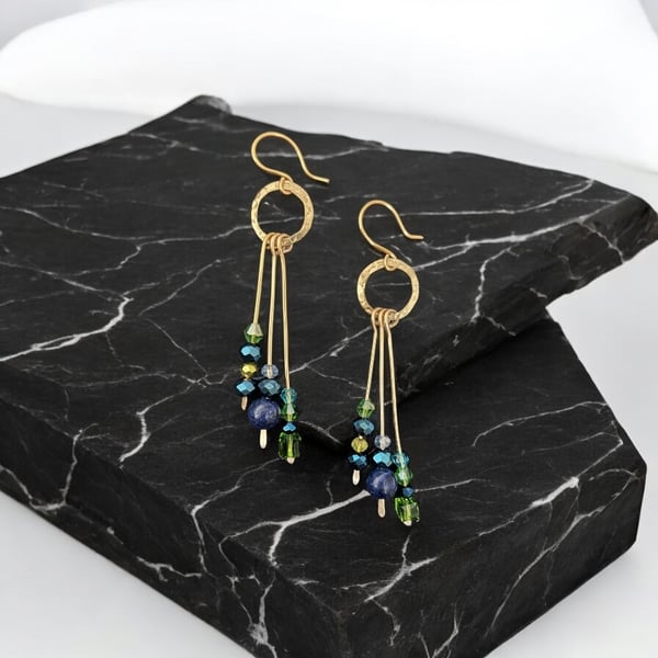 Handmade Gold Crystal Earrings, Dangle, Vibrant - Gift Boxed