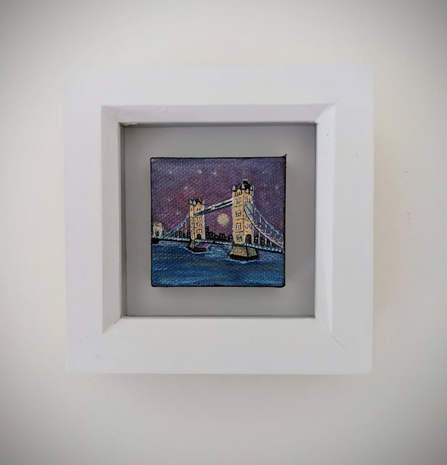 Tower Bridge at Night Original Miniature Acrylic Ink Framed Artwork