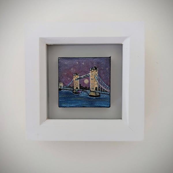 Tower Bridge at Night Original Miniature Acrylic Ink Framed Artwork