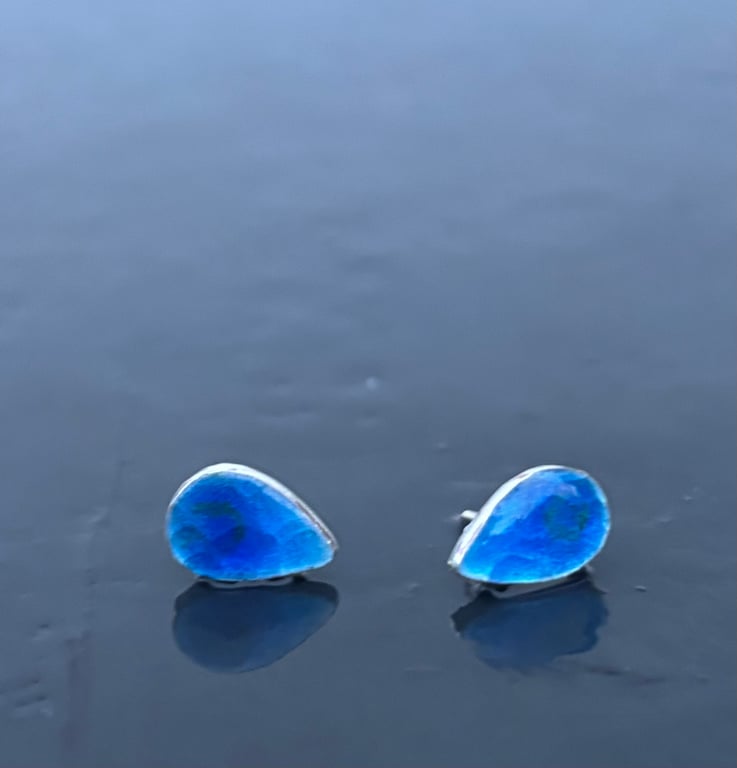 Enamel studs, blue enamel studs, teardrop studs, enamel, silver studs, blue, 