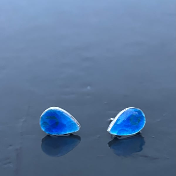 Enamel studs, blue enamel studs, teardrop studs, enamel, silver studs, blue, 