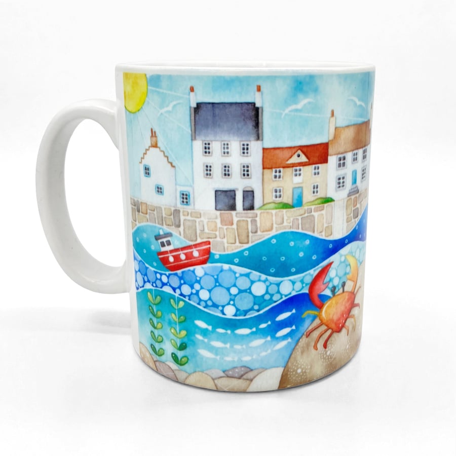 Crail Harbour and Crab Mug - Seaside Watercolour, Nautical Coastal Kitchen Decor