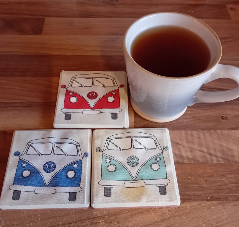 VW Camper Van - Ceramic Tile Set of 3 Coasters Perfectly Imperfect 