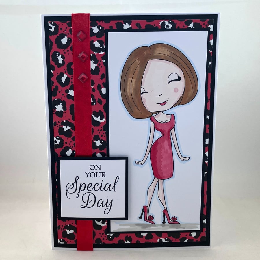 Glamorous girl in red dress birthday card