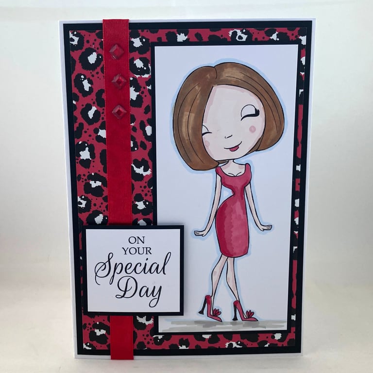 Glamorous girl in red dress birthday card