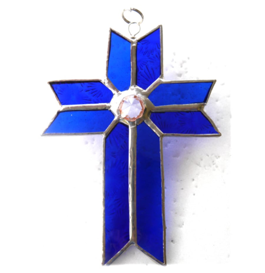 SOLD Cross Suncatcher Stained Glass Handmade blue crystal 052