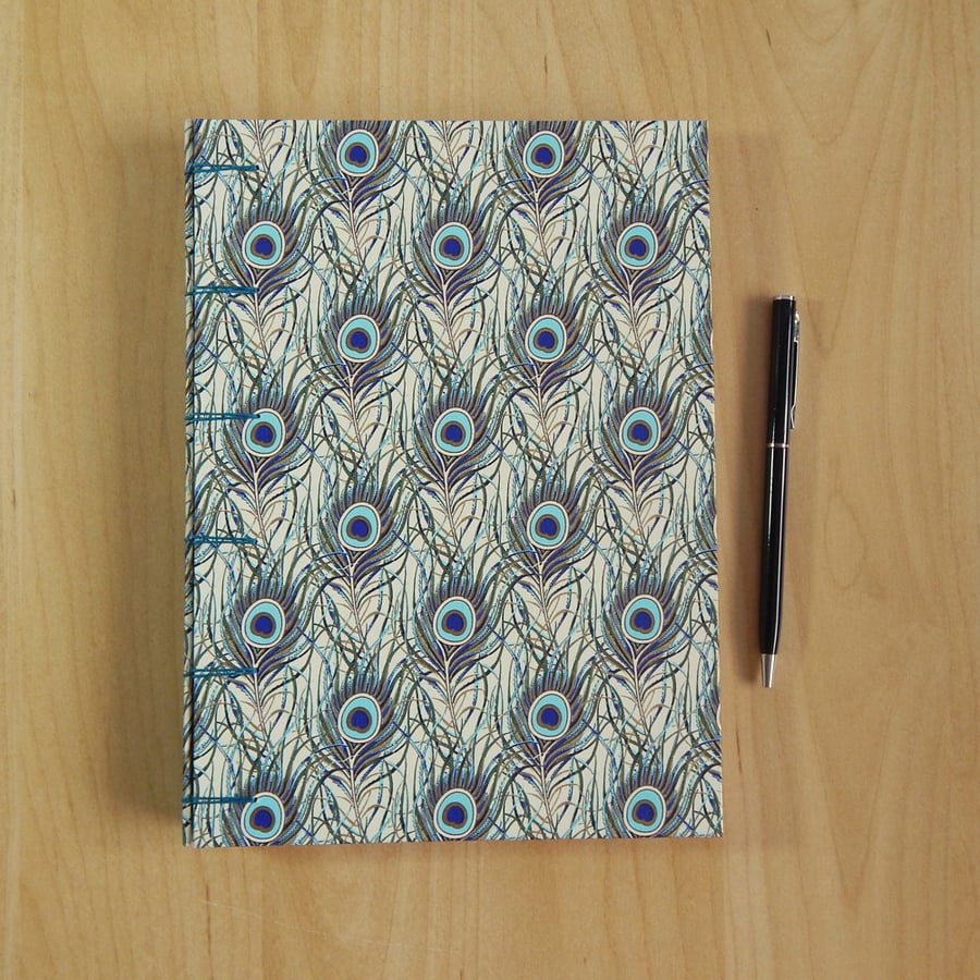 A5 Peacock Feather Sketchbook Journal. Secret Belgian Binding. Gifts for Artists