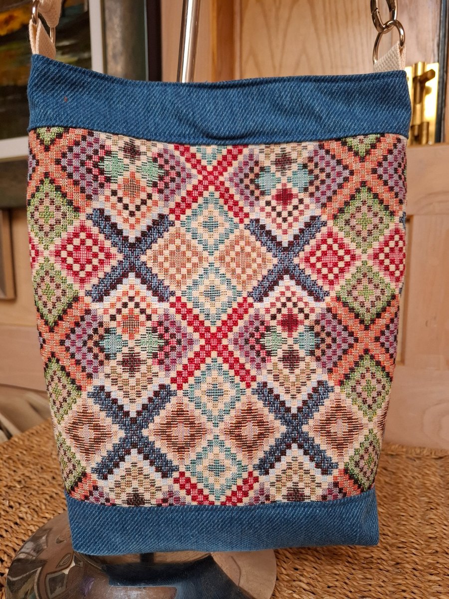 Blue denim and tapestry bag