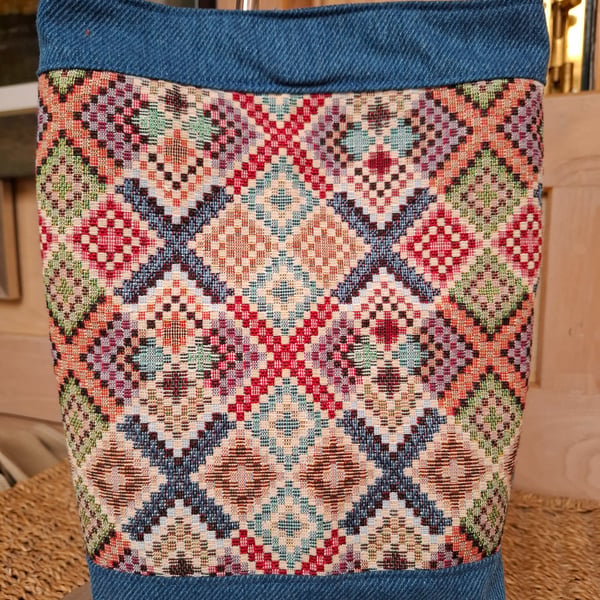 Blue denim and tapestry bag