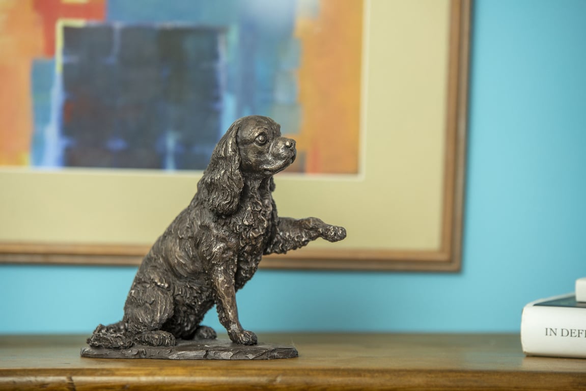 Cavalier King Charles Spaniel Waving Paw Animal Statue Small Bronze Resin Statue