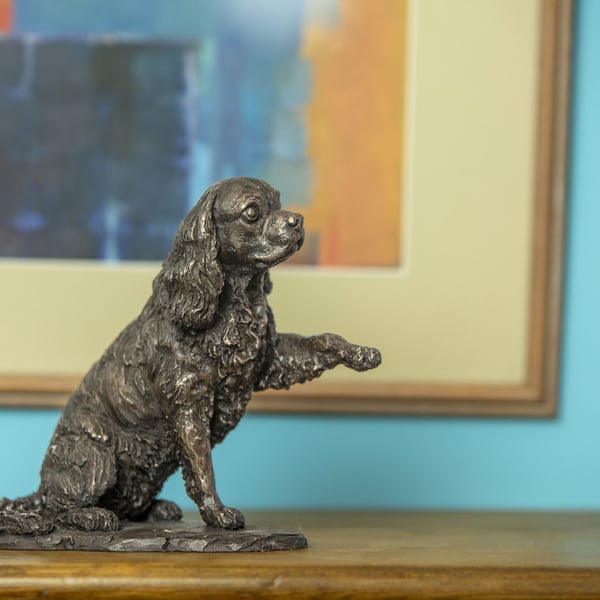 Cavalier King Charles Spaniel Waving Paw Animal Statue Small Bronze Resin Statue