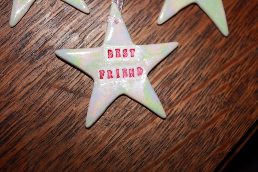 Handmade 'Best friend' porcelain paper clay star with mother of pearl lustre