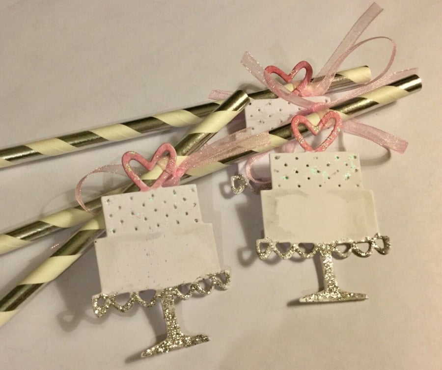 Silver and white Striped Paper Straws with Wedding Cake Tags x 6