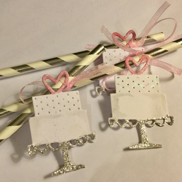 Silver and white Striped Paper Straws with Wedding Cake Tags x 6