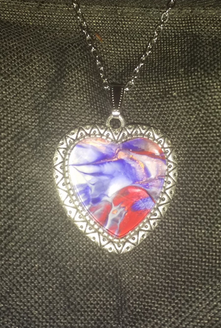Handmade fluid art special heart pendant, blue red, gold and white