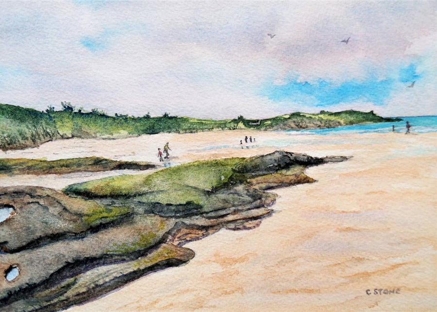 Harlyn Bay beach, Cornwall, small watercolour painting.   245 x 170 mm