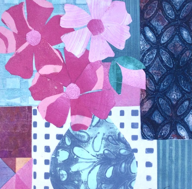 Original art collage entitled Teal Jug and Pink Flowers