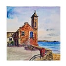 Clock Tower Kingsand  Cornwall Original Watercolour and Ink  Painting Mounted