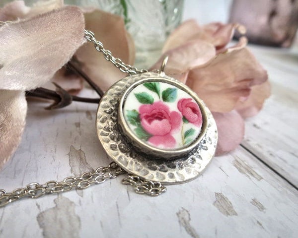 Broken China Pendant Necklace - Pink Rose Pattern - Boho Style