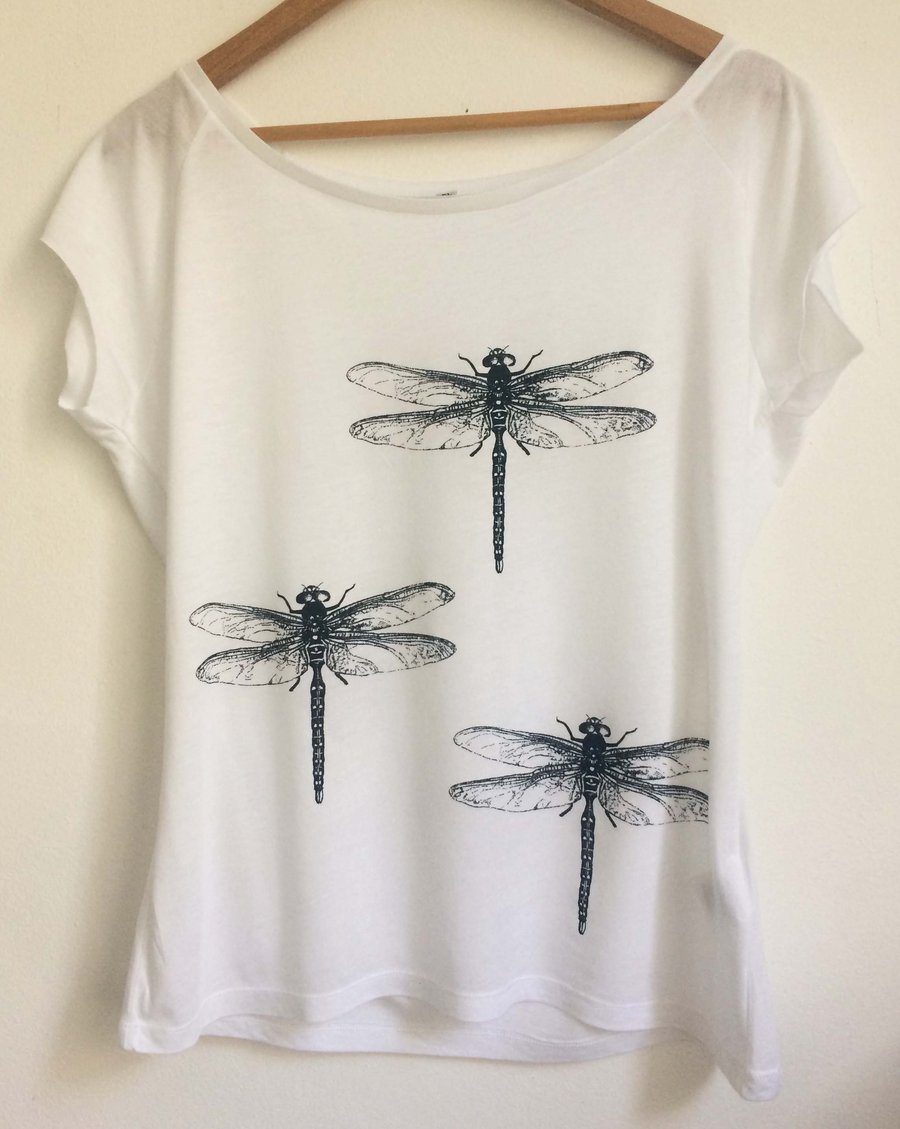  Dragonfles womens printed T shirt white bamboo and organic cotton