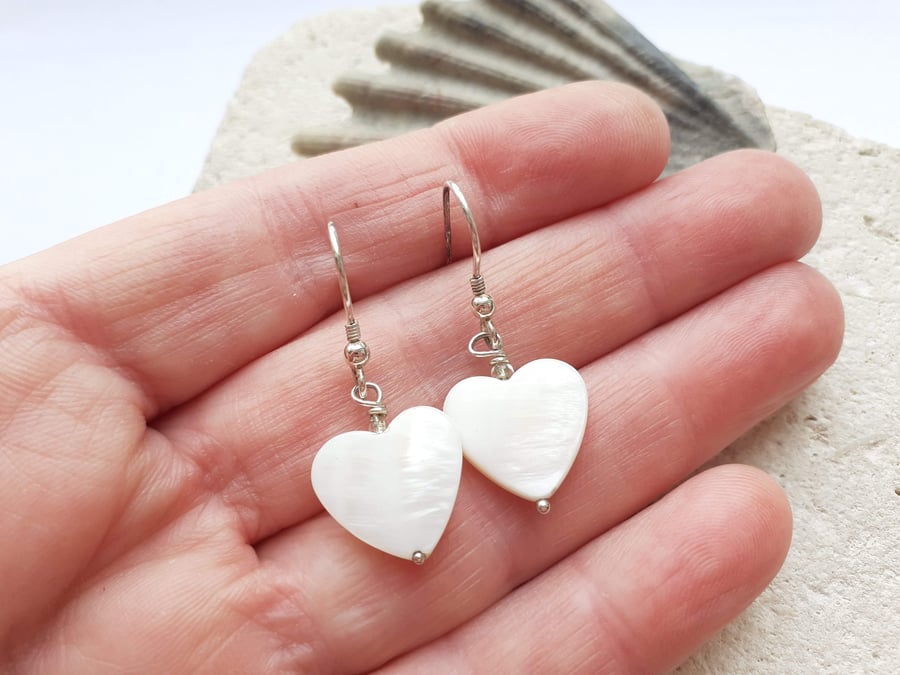 Mother of Pearl Hearts and clear Glass bead accent with Sterling Silver Hooks