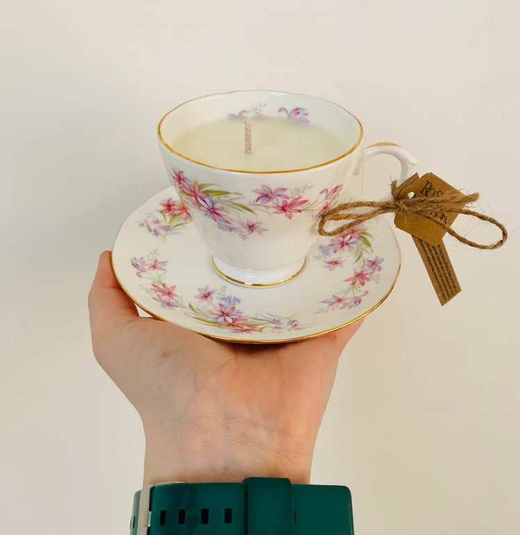 Rose Garden Tea Cup Candle with Saucer