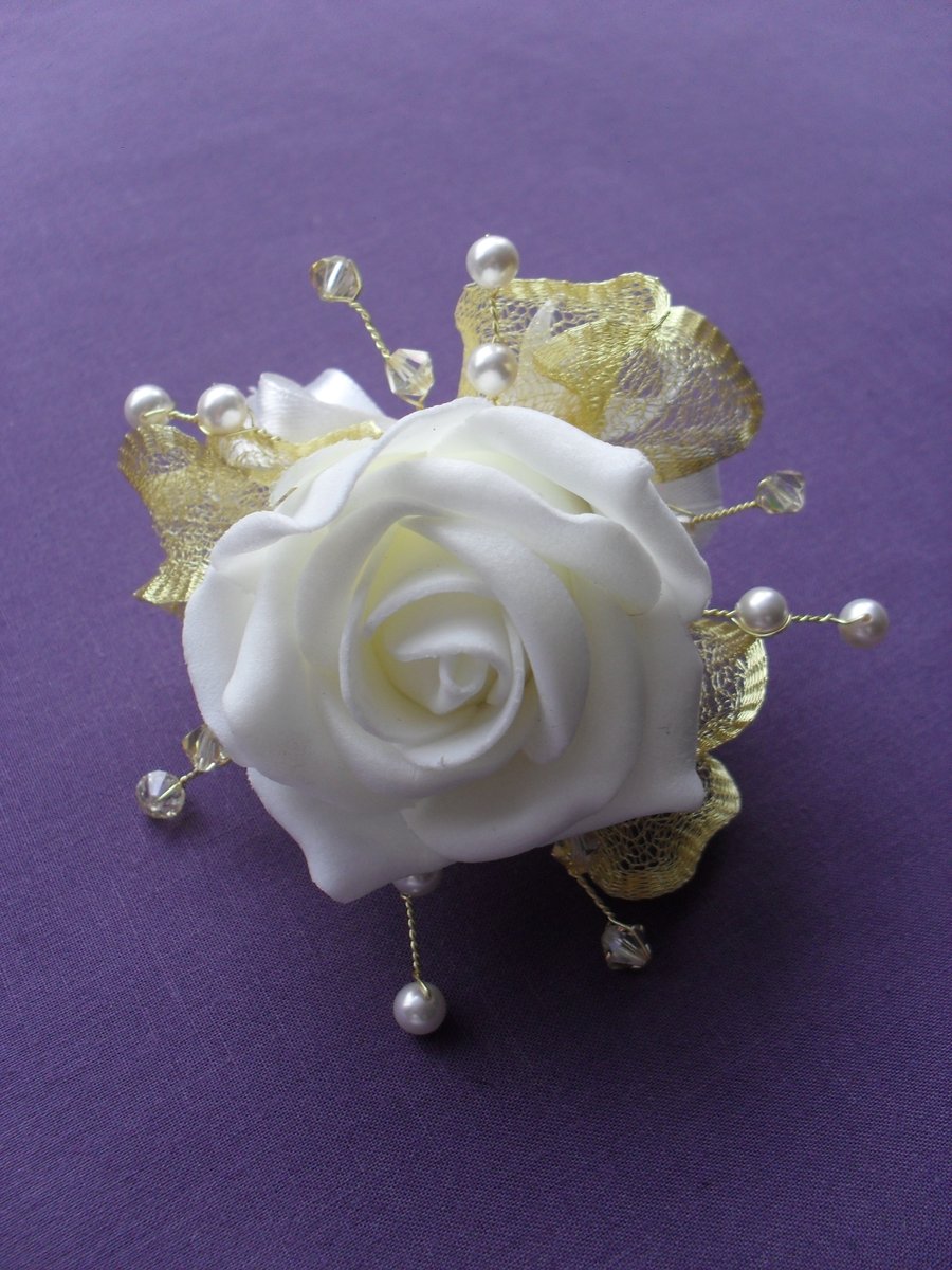 Gold and Ivory Foam Rose Corsage