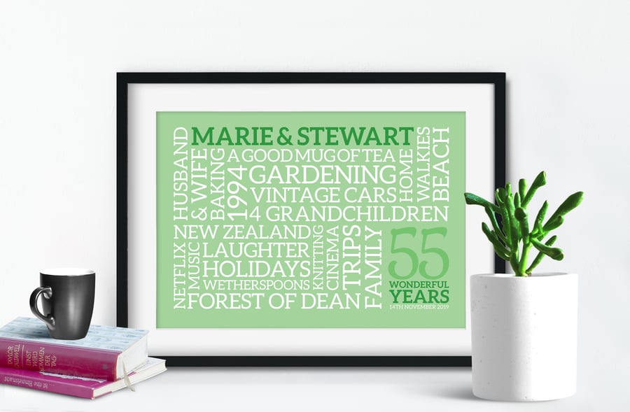 Personalised 55th Anniversary Word Art - Emerald - AN554