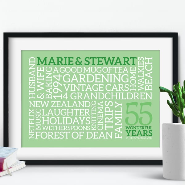 Personalised 55th Anniversary Word Art - Emerald - AN554