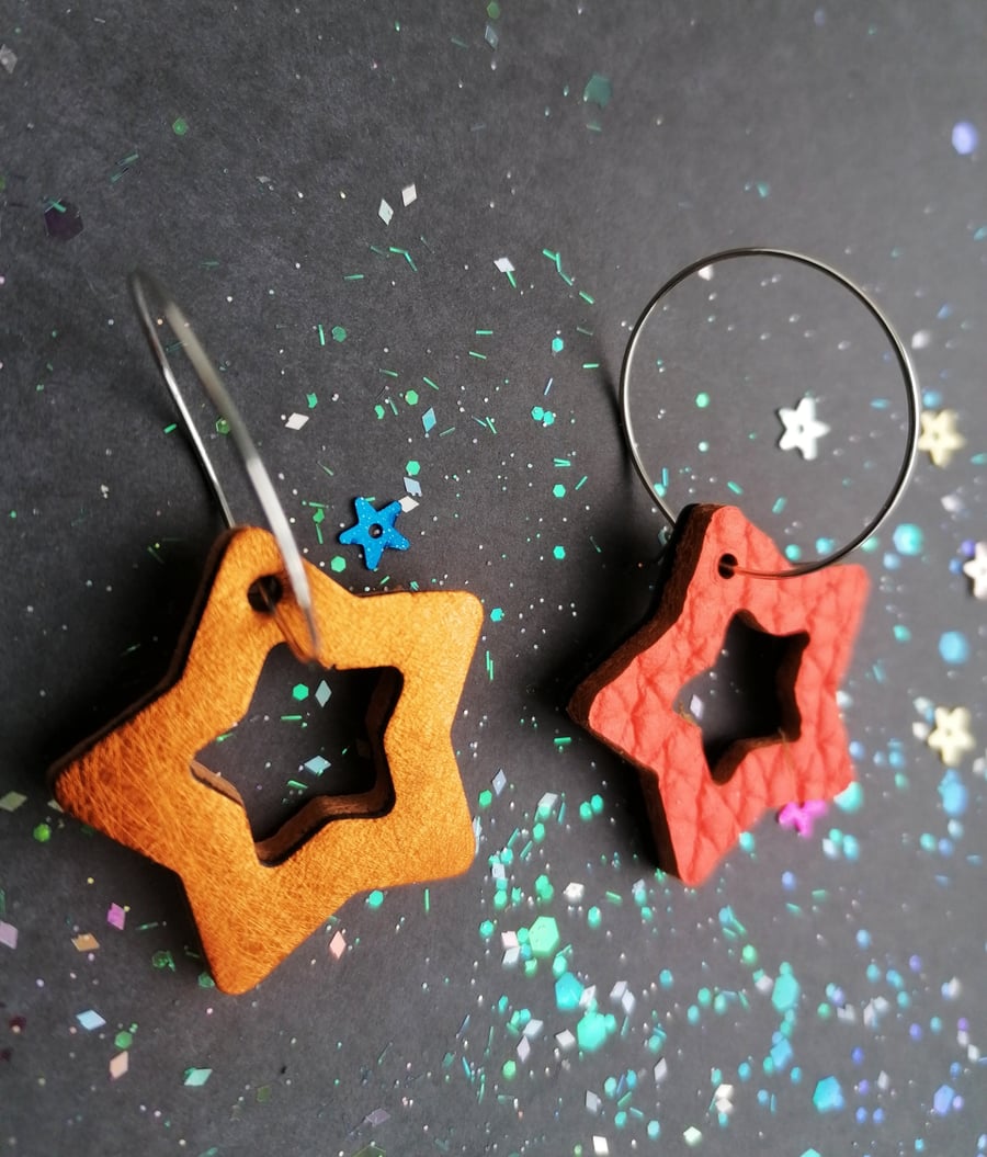 Reversible Star Hoop Earrings - Metallic & Neon Orange