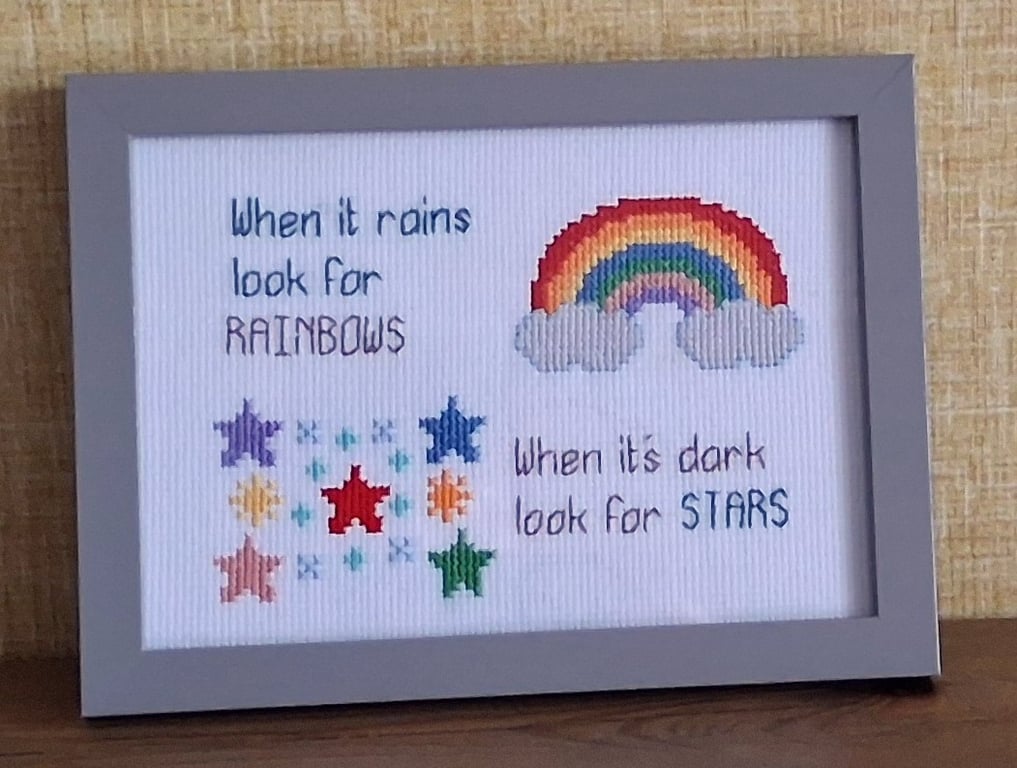 When It Rains Look for Rainbows – Inspirational Framed Cross Stitch 5x7