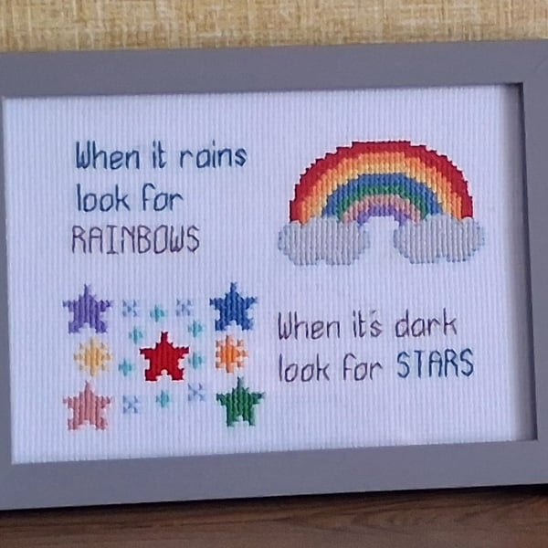 When It Rains Look for Rainbows – Inspirational Framed Cross Stitch 5x7