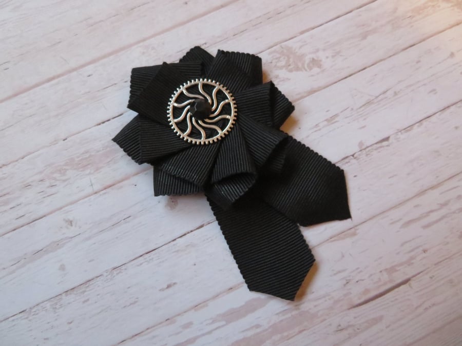 Black Ribbon Ruffle Rosette Mini Brooch Pin Gothic Goth Steampunk 