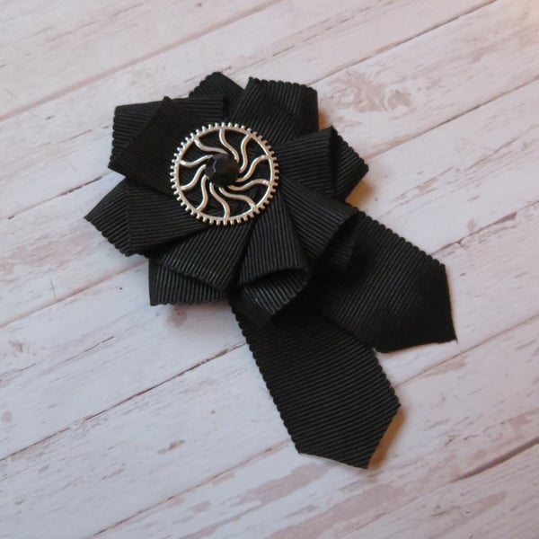 Black Ribbon Ruffle Rosette Mini Brooch Pin Gothic Goth Steampunk 