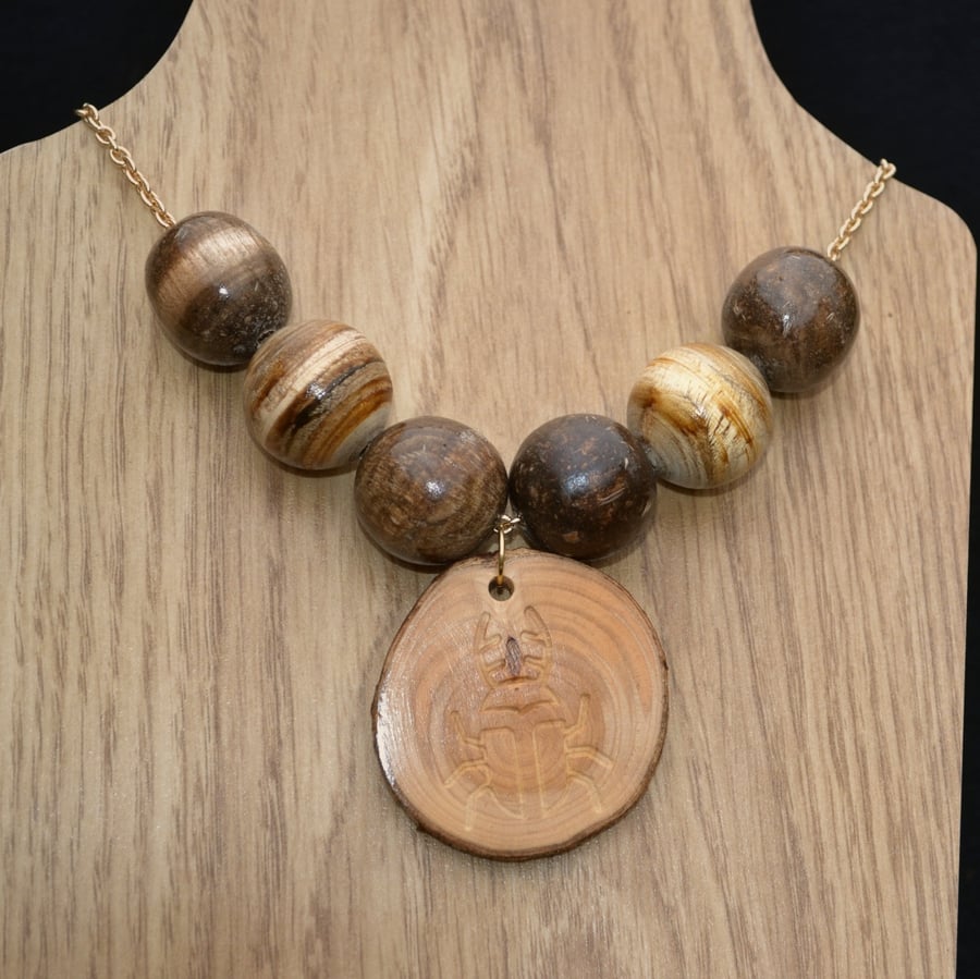 Pine, Bay Tree & Linden Wood Scarab Beetle Necklace.