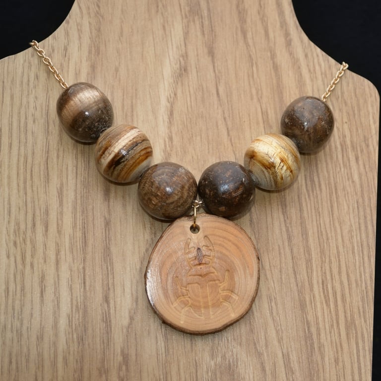 Pine, Bay Tree & Linden Wood Scarab Beetle Necklace.
