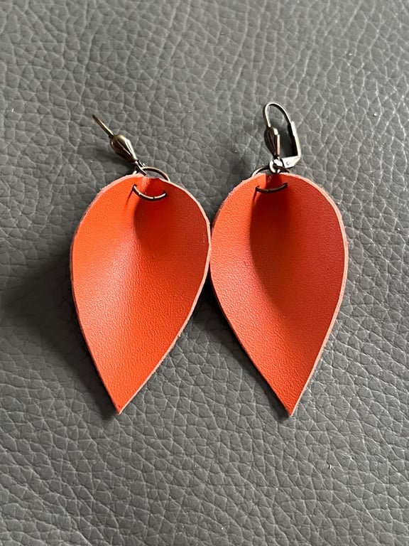 Handcrafted Orange Leather Teardrop Earrings - Minimalist Statement Jewellery 
