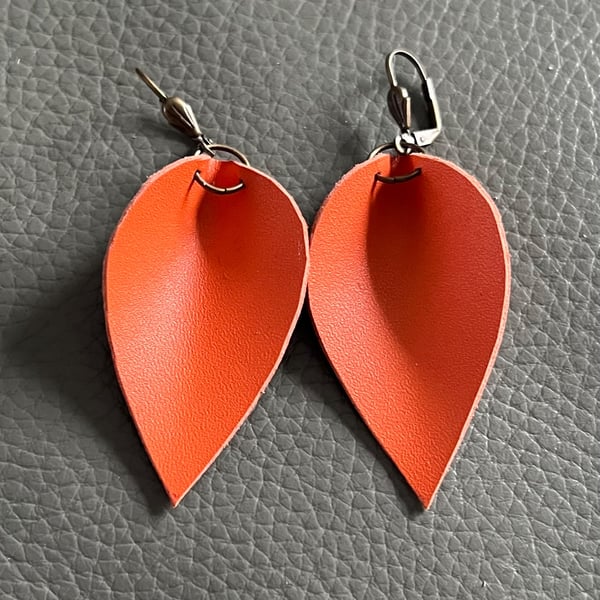 Handcrafted Orange Leather Teardrop Earrings - Minimalist Statement Jewellery 