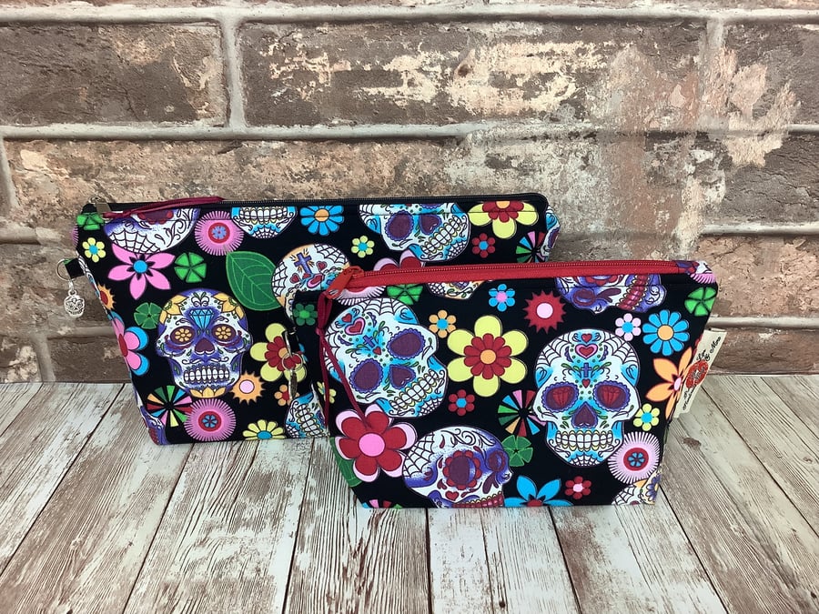 Candy Skulls Zip case, Gothic Makeup bag, 2 size options, Day of the dead