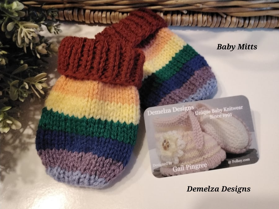 Baby Rainbow Hand Knitted Mittens  6-9 months size