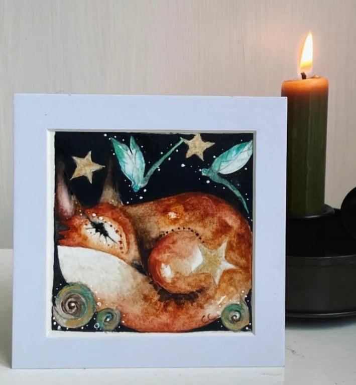 Original Resting Fox with Dragonflies Watercolour 