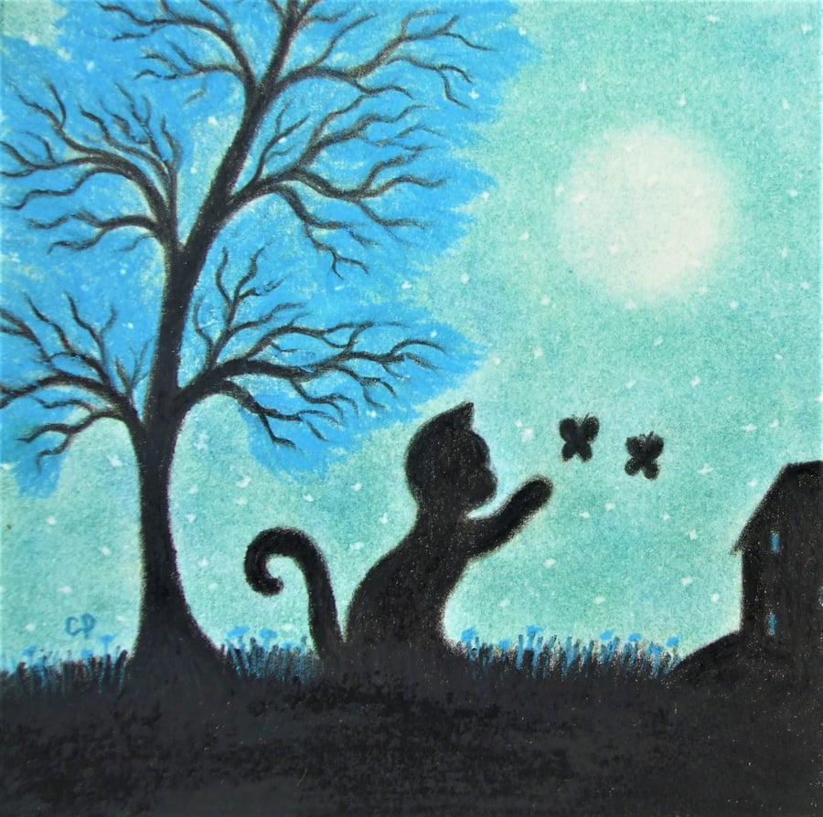 Cat Card: Black Cat Butterfly Tree Moon Card, Children Card, Cat Art Card Blank
