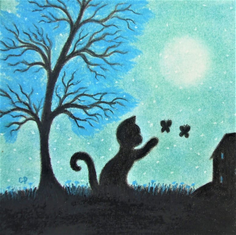Cat Card: Butterfly Tree Moon Card, Children Card, Black Cat Art, Blank Card