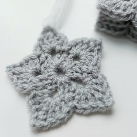 Silver Christmas Crochet Stars with Organza Ribbon, Set of 5