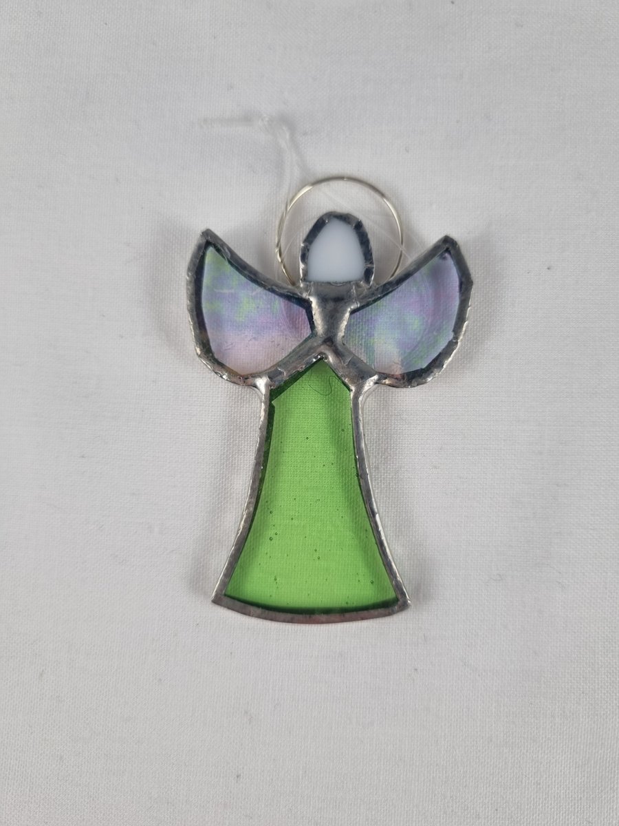 554 Stained Glass Small Green Skirt Angel - handmade hanging decoration.