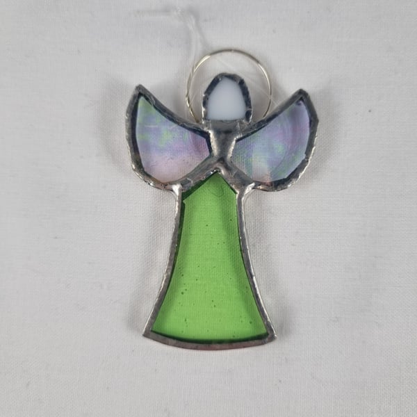 554 Stained Glass Small Green Skirt Angel - handmade hanging decoration.