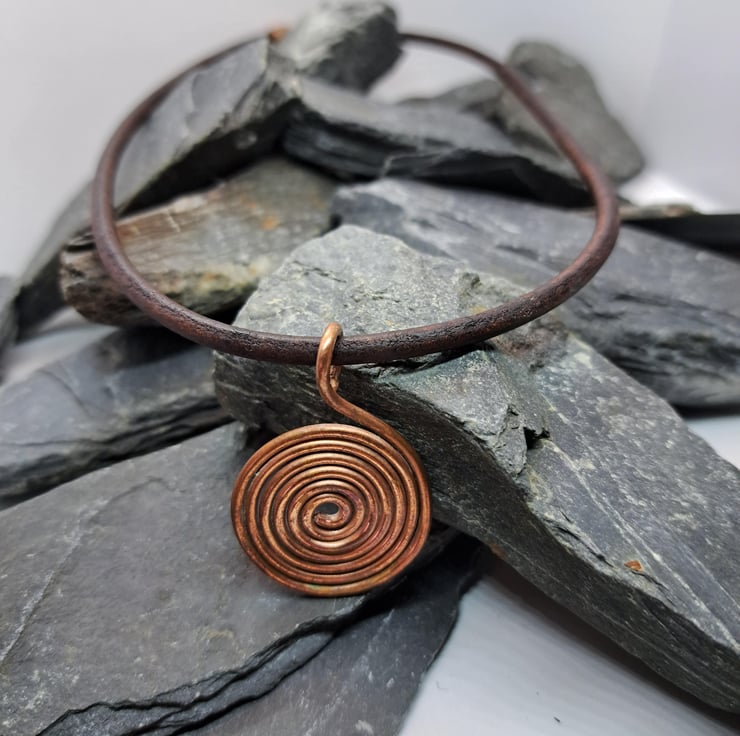Celtic Copper Spiral Pendant on Leather Cord