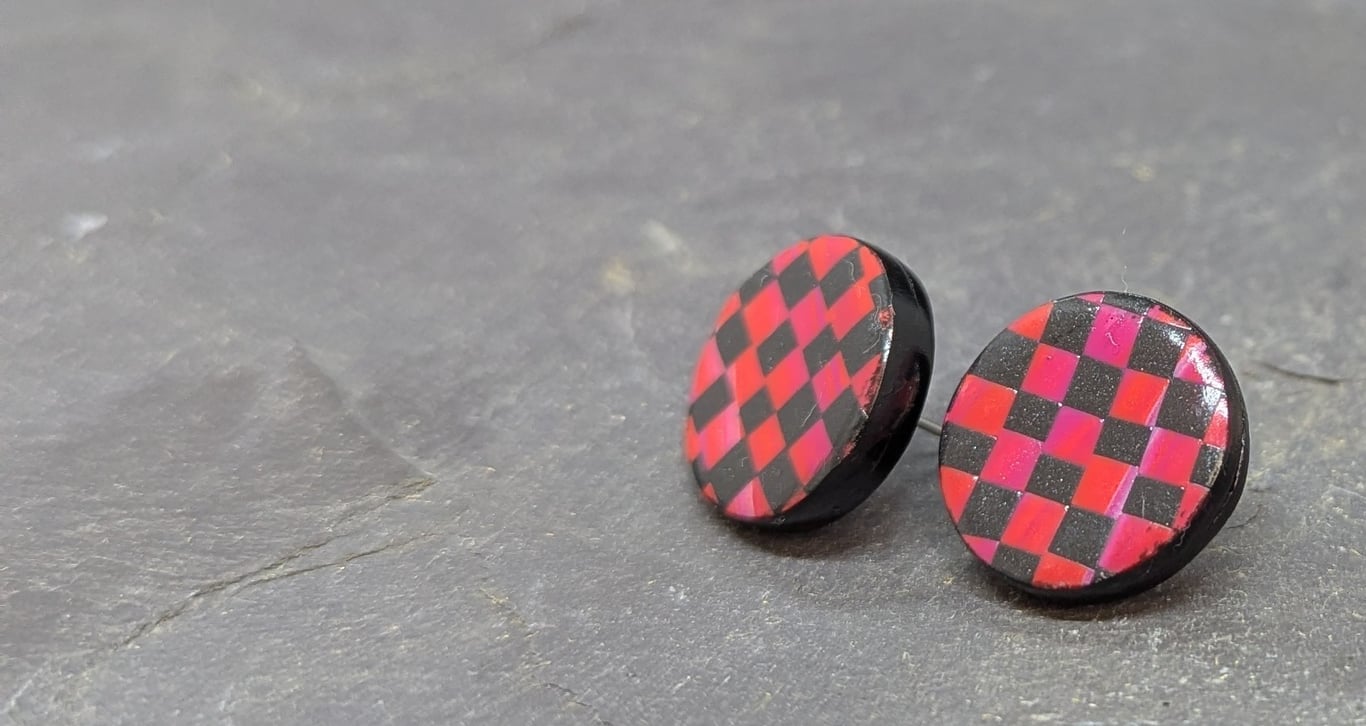 Red, pink and black chequerboard stud earrings 