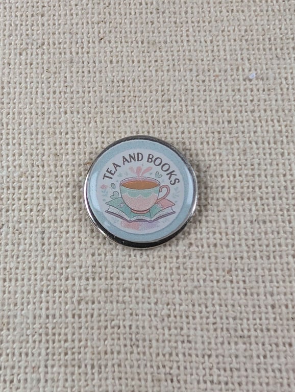 Tea and Books - Tea and Reading Themed Badge - Large Resin Topped Pin Badge 